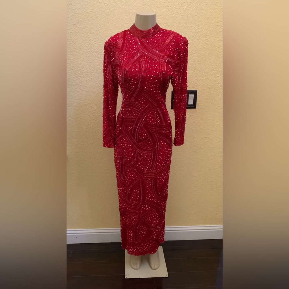 VTG Judith Ann Creations Size Small Red Long Sleeve Embellished Evening Dress🤩